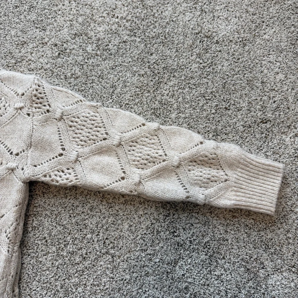 Frye Oatmeal Heather Knit Fringe Sweater | Boho Chunky Textured Pullover Large - Picture 5 of 11